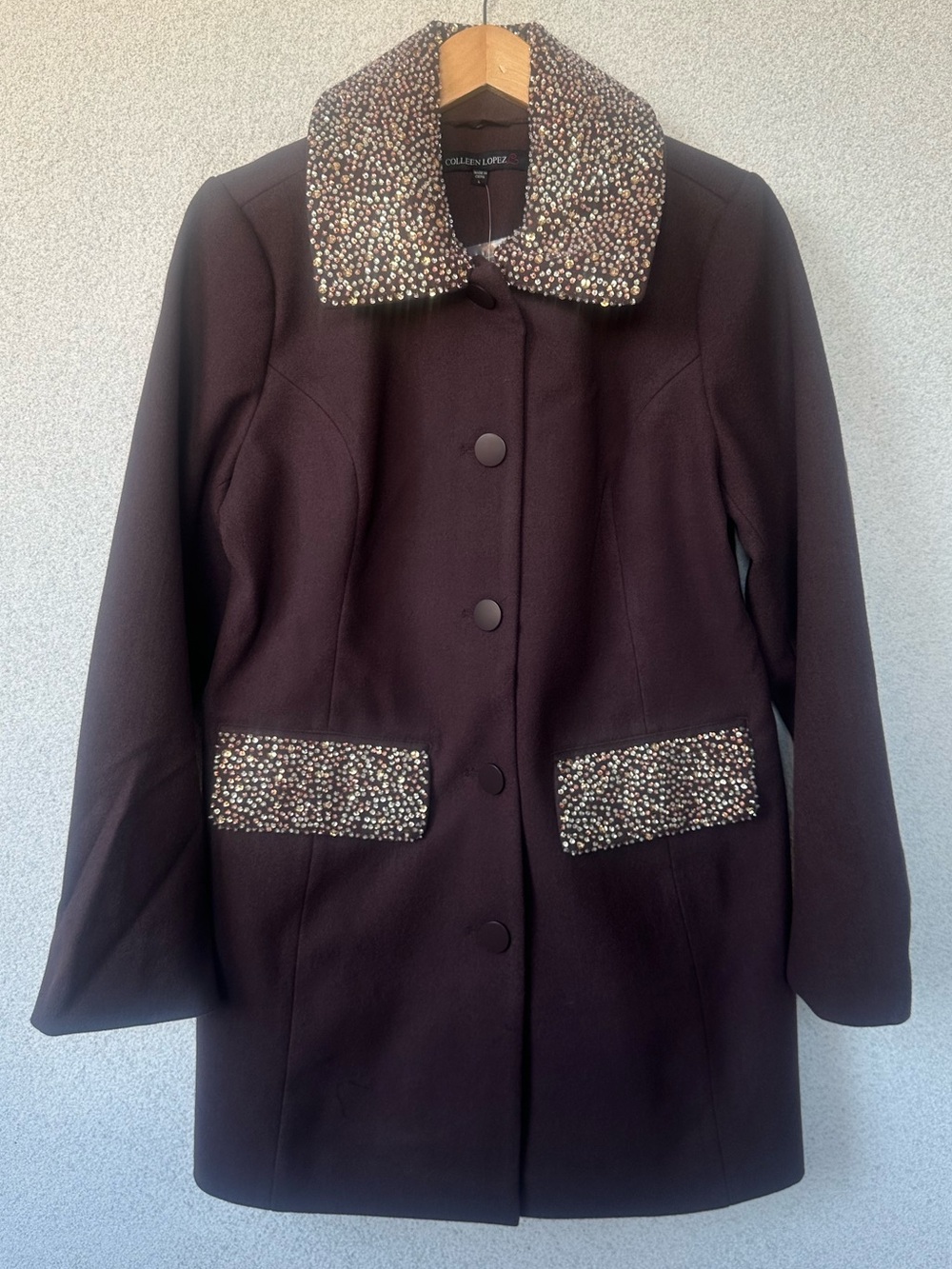 Colleen Lopez Plum Wool Blend Coat | Sequin Beaded Collar & Pockets | New